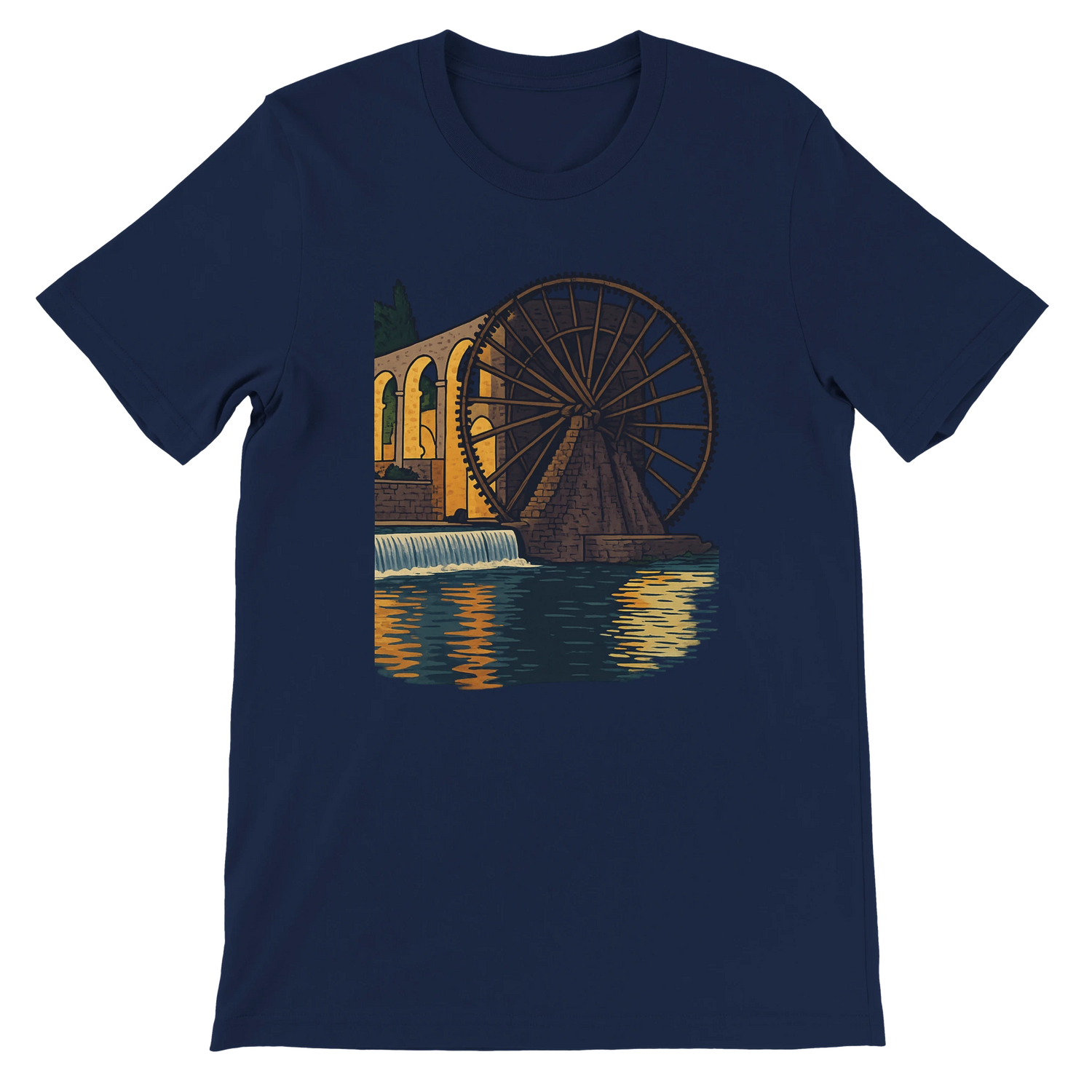 Navy blue animated landmark t-shirt with colorful depiction of the Hama WaterWheels of Syria. Crafted with soft Airlume cotton for lasting comfort. Designed for travel-inspired streetwear, art lovers, and global culture fans.