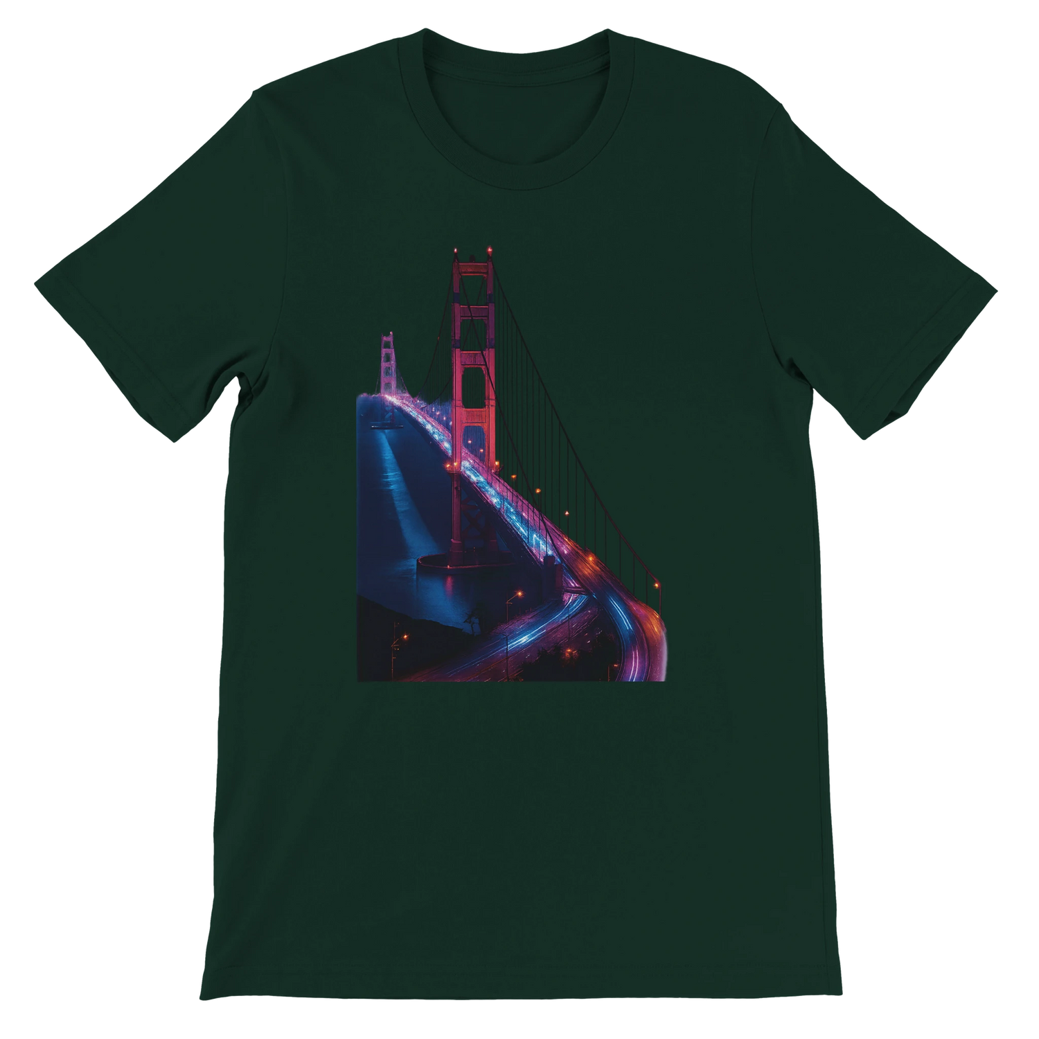 Forest green Golden Gate Bridge animated art t shirt with bold city landmark design for streetwear travelers and fashion enthusiasts. Soft unisex tee perfect for casual wear vacation outfits and print on demand collections.