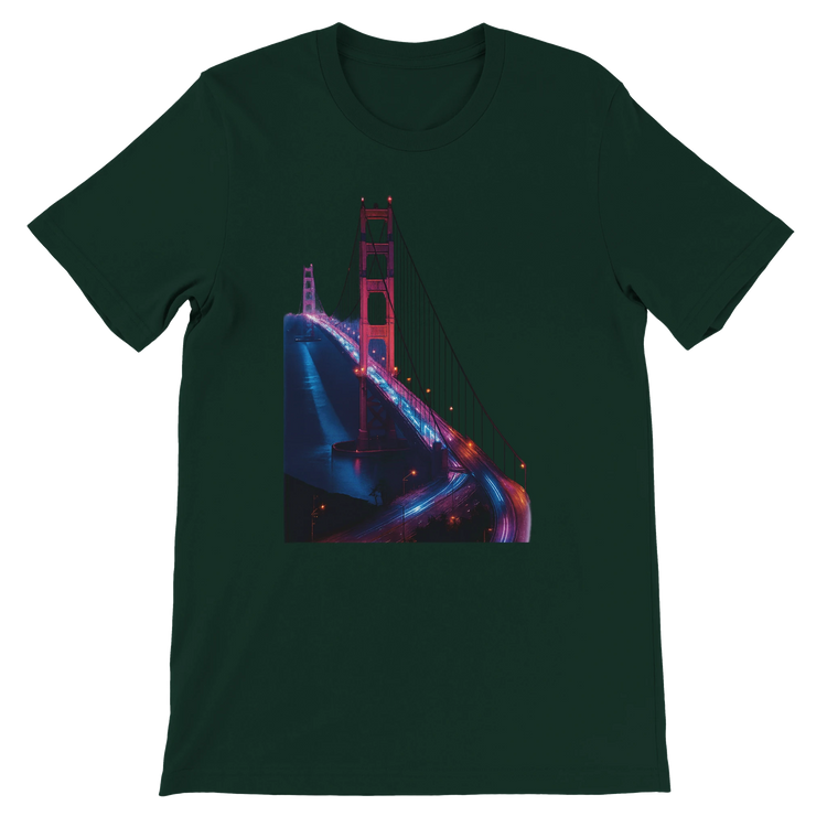 Forest green Golden Gate Bridge animated art t shirt with bold city landmark design for streetwear travelers and fashion enthusiasts. Soft unisex tee perfect for casual wear vacation outfits and print on demand collections.