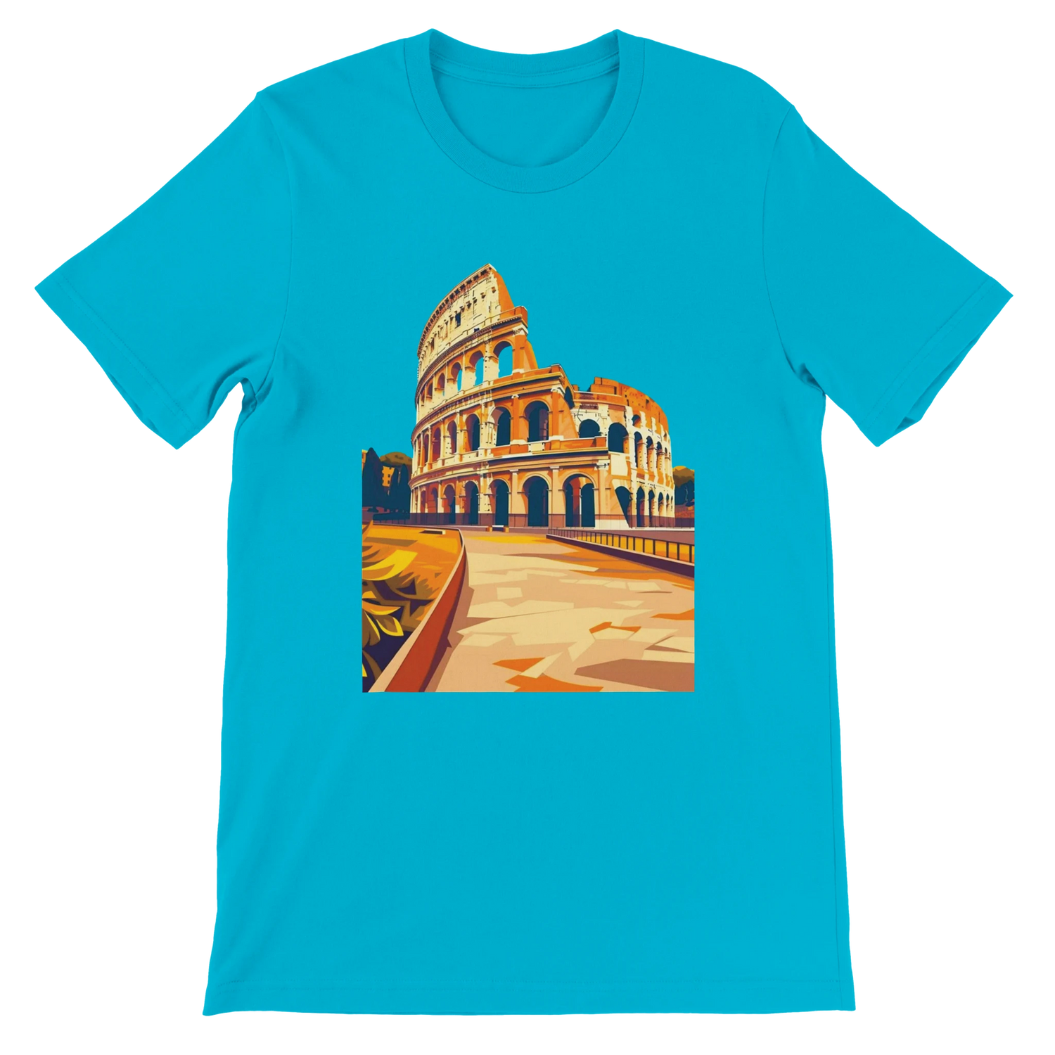 Turquoise Rome Colosseum graphic t-shirt with animated landmark artwork printed on soft cotton. Unisex streetwear top inspired by Italy travel and historical architecture. Perfect casual fashion for travelers and global culture lovers.