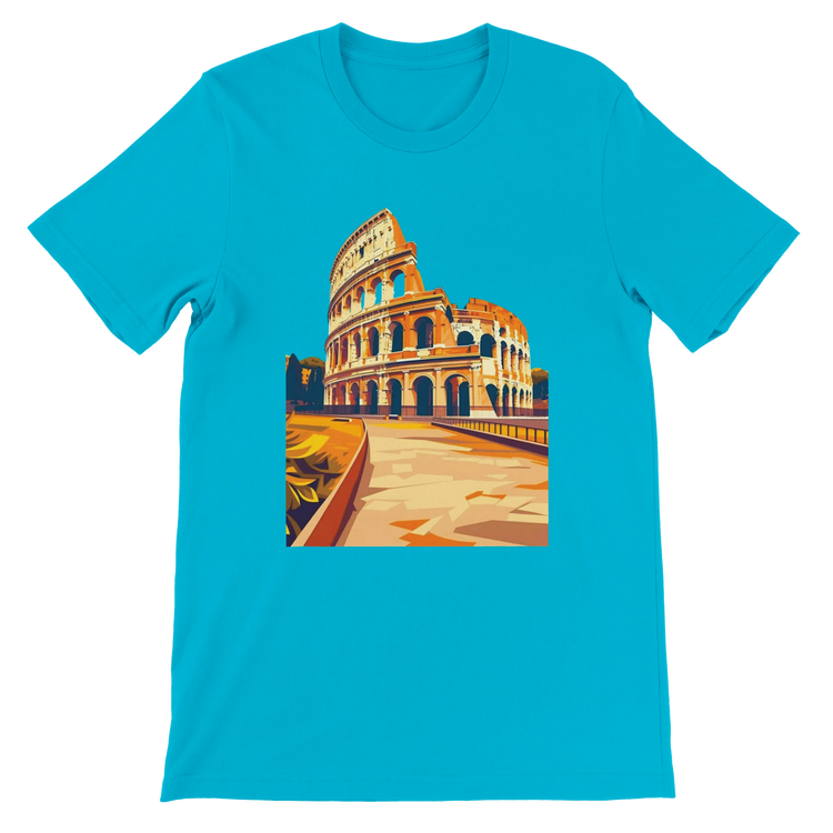 Turquoise Rome Colosseum graphic t-shirt with animated landmark artwork printed on soft cotton. Unisex streetwear top inspired by Italy travel and historical architecture. Perfect casual fashion for travelers and global culture lovers.