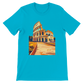 Turquoise Rome Colosseum graphic t-shirt with animated landmark artwork printed on soft cotton. Unisex streetwear top inspired by Italy travel and historical architecture. Perfect casual fashion for travelers and global culture lovers.