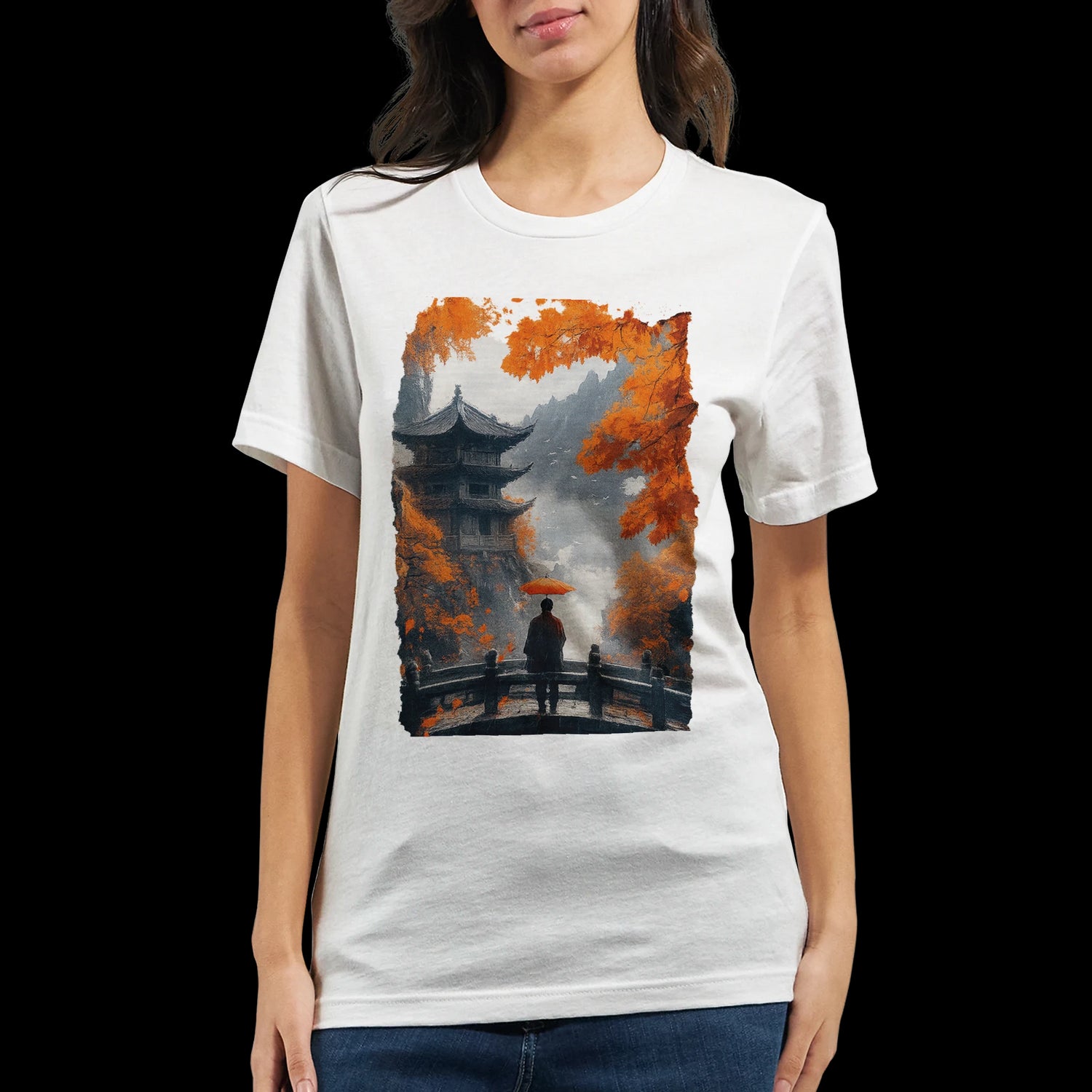Minimalist tee featuring an Asian temple and red umbrella graphic.