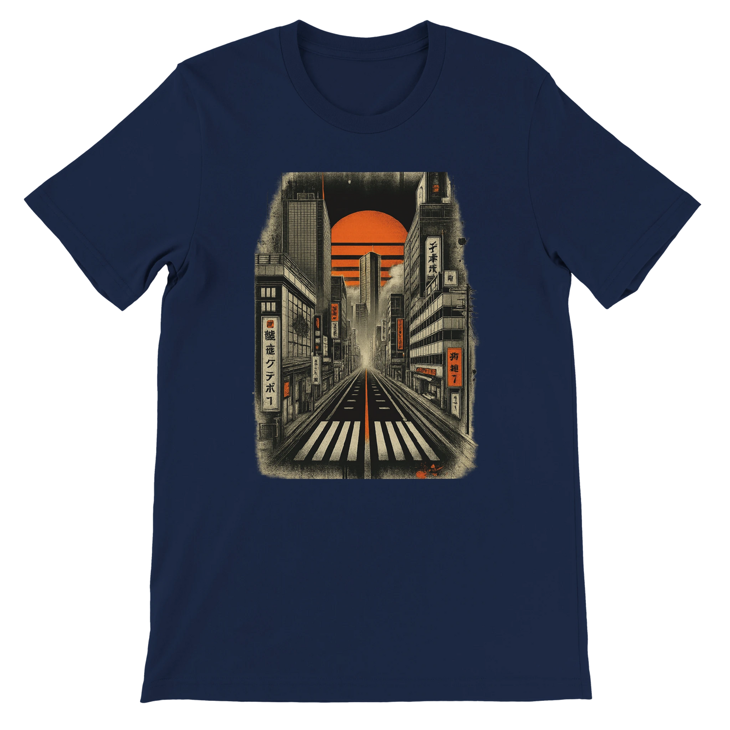 Navy Tokyo Nights animated t shirt with detailed neon cityscape Japanese streetwear inspired premium soft cotton eco friendly print on demand apparel ideal for travelers anime lovers and modern urban fashion