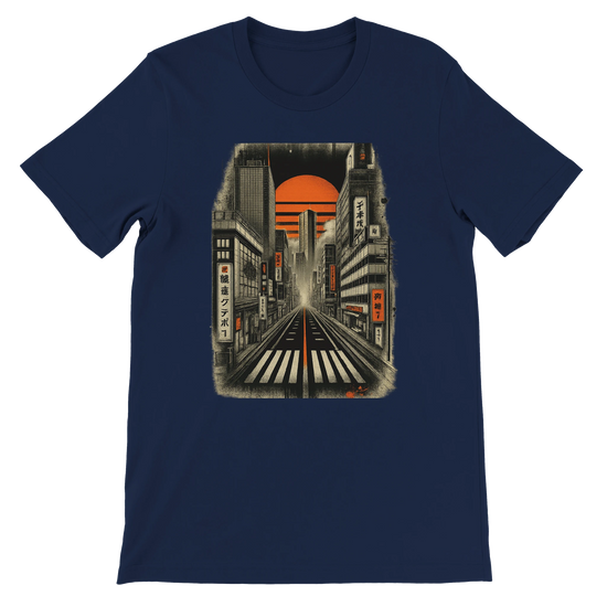 Navy Tokyo Nights animated t shirt with detailed neon cityscape Japanese streetwear inspired premium soft cotton eco friendly print on demand apparel ideal for travelers anime lovers and modern urban fashion