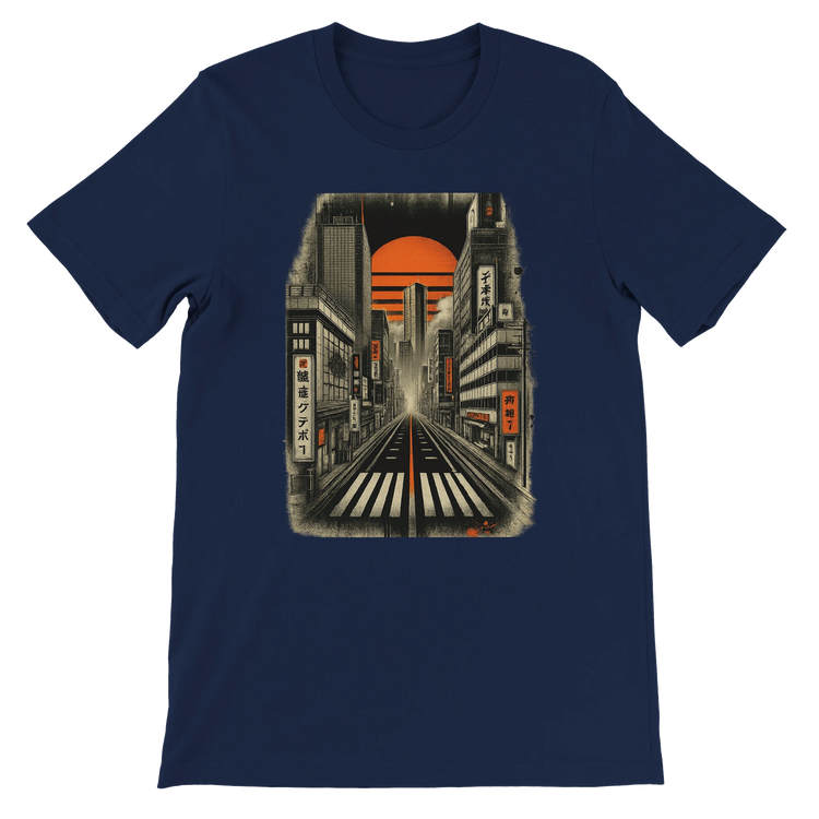 Navy Tokyo Nights animated t shirt with detailed neon cityscape Japanese streetwear inspired premium soft cotton eco friendly print on demand apparel ideal for travelers anime lovers and modern urban fashion
