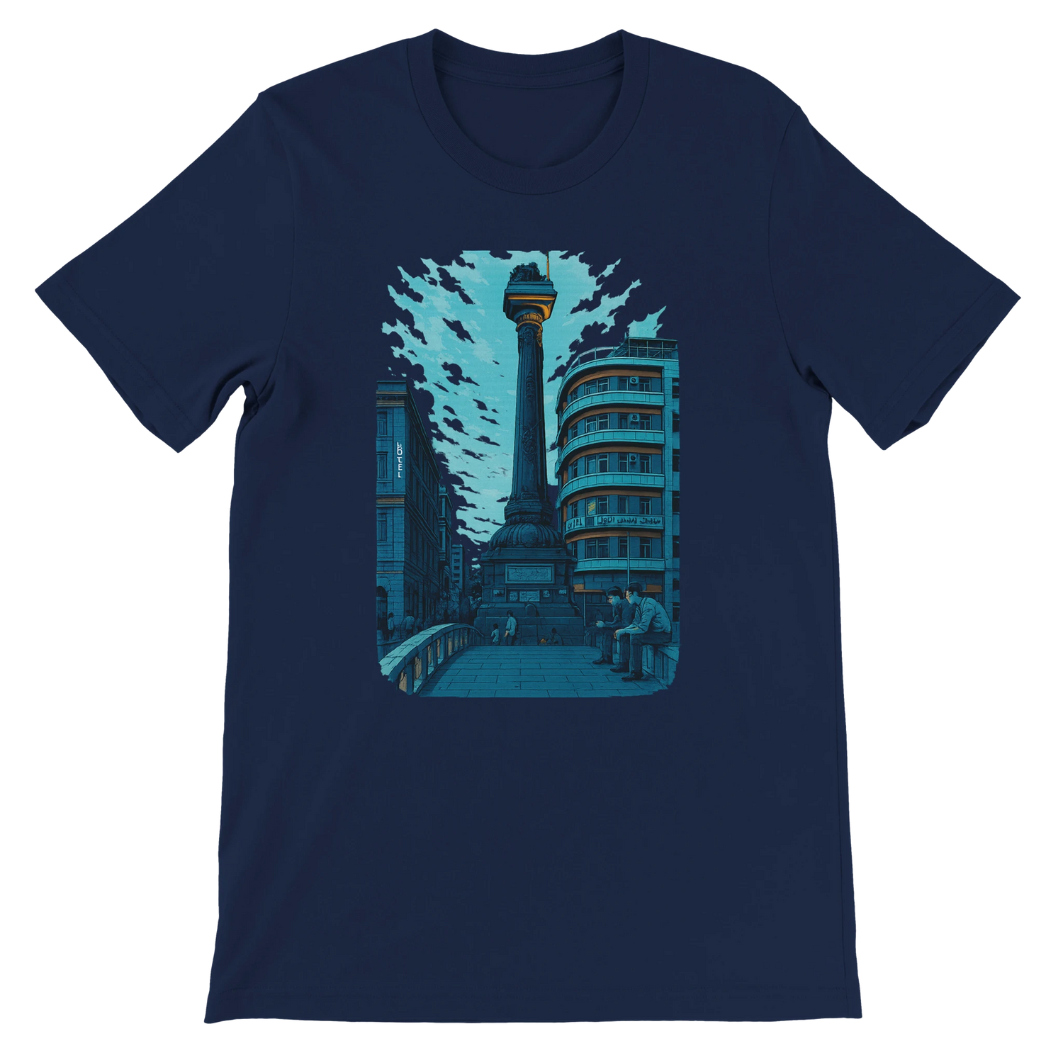 Navy blue unisex cotton T shirt with animated Al Marjeh Square Damascus Syria design comfortable and trendy streetwear apparel for cultural travel lovers and modern fashion fans