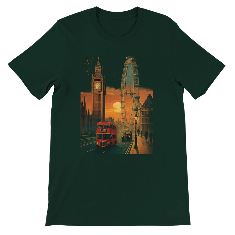 Forest green London City Animated Style premium cotton T-shirt with colorful cityscape print unisex travel and streetwear shirt for cultural and fashion enthusiasts