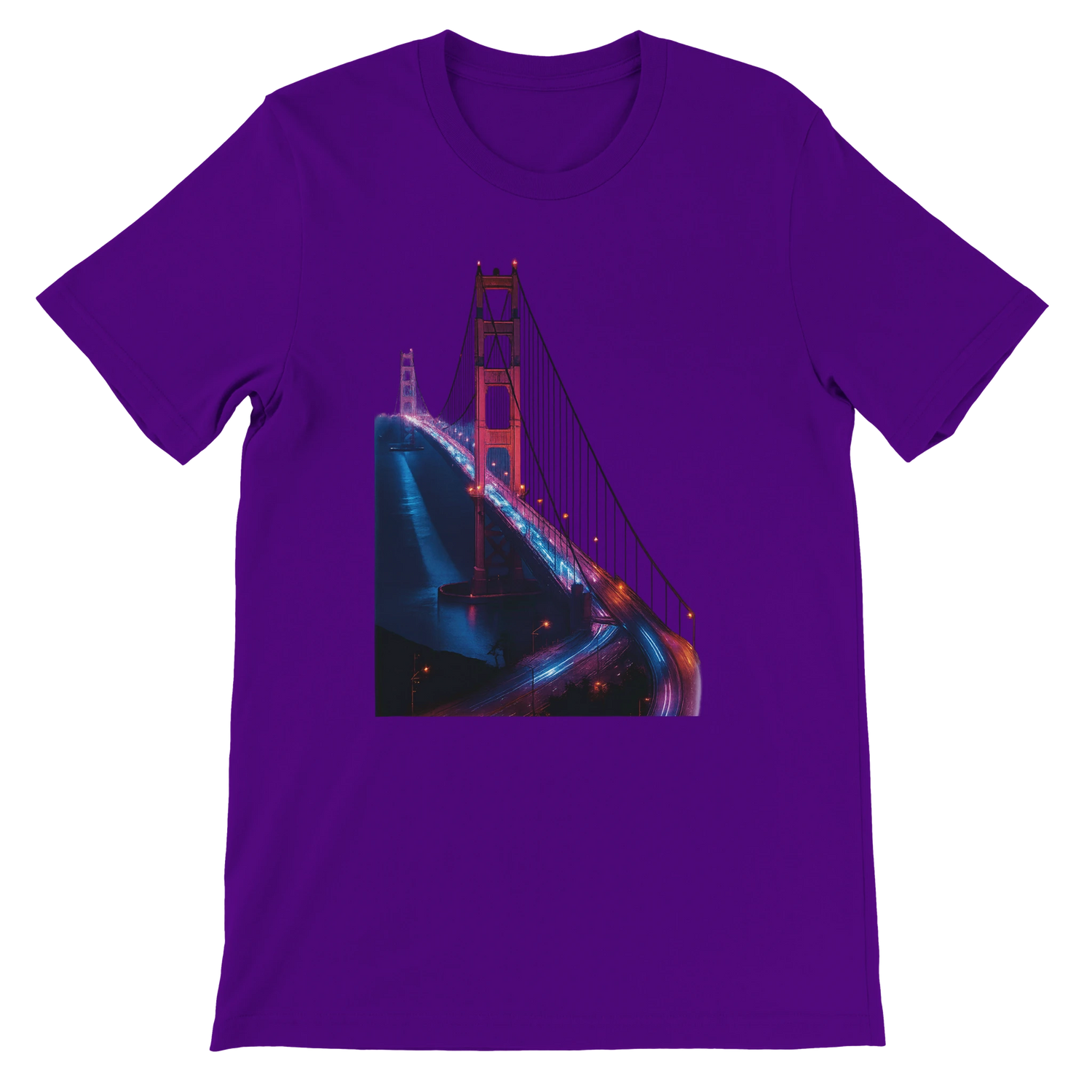 Team purple Golden Gate Bridge animated landmark t shirt with artistic city design for streetwear fashion and travel outfits. Soft cotton tee perfect for everyday wear vacation apparel and print on demand lovers.
