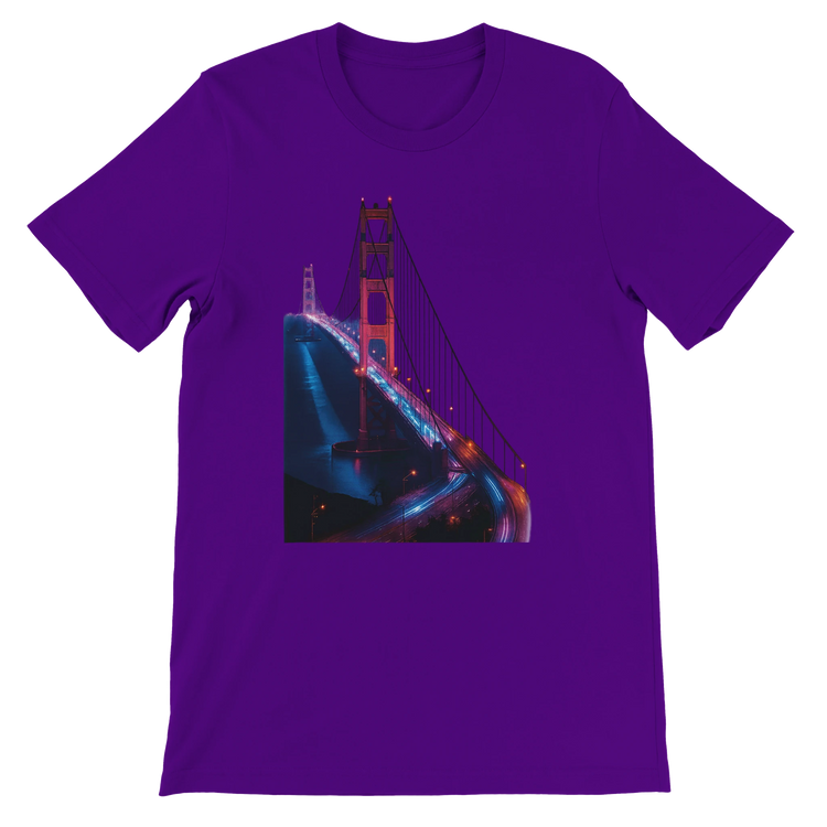 Team purple Golden Gate Bridge animated landmark t shirt with artistic city design for streetwear fashion and travel outfits. Soft cotton tee perfect for everyday wear vacation apparel and print on demand lovers.