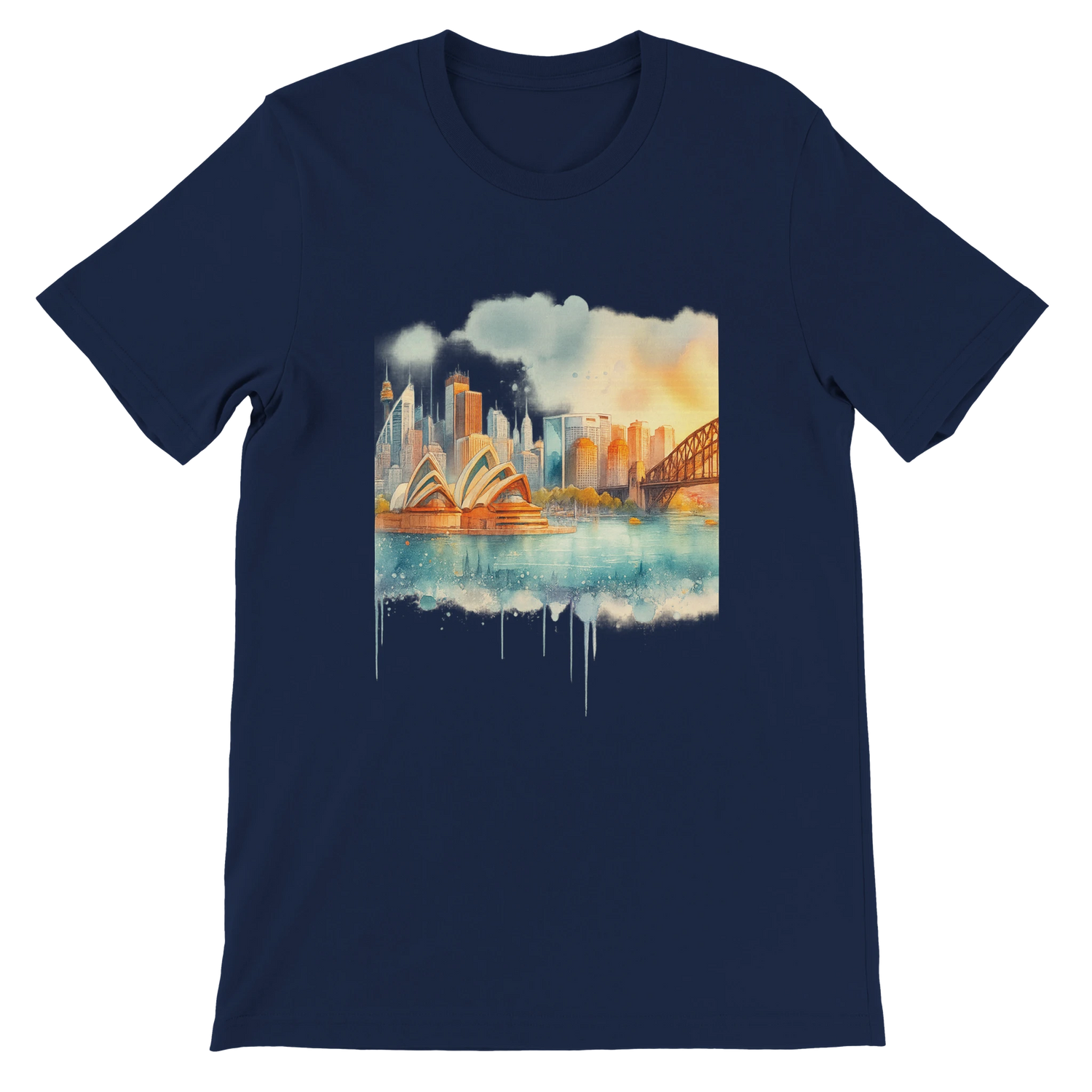 Navy blue animated Sydney landmark t-shirt with iconic Opera House and Harbour Bridge print. Made for bold streetwear expression, modern travel lovers, and art-inspired global fashion. Premium cotton tee with eco-conscious production.