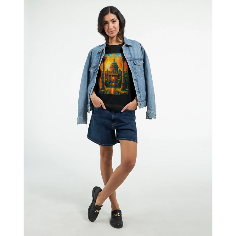 Artistic London t-shirt with animated St. Paul’s Cathedral illustration. A stylish alternative to traditional tourist souvenirs, designed for fashion-forward travelers and global city collectors.
