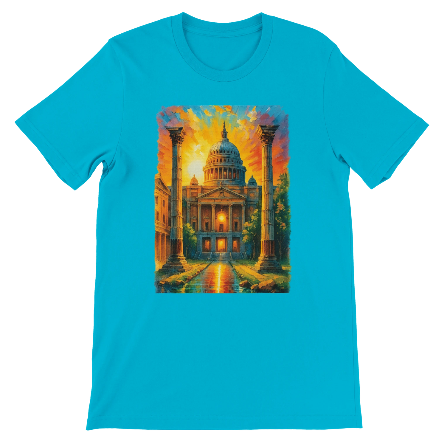 Turquoise London landmark t-shirt with vibrant St. Paul’s Cathedral illustration. Soft and eco-friendly cotton streetwear shirt designed for travelers, dreamers, and animated art lovers. Stylish unisex tee with tailored fit and clean DTG print.