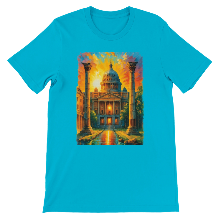 Turquoise London landmark t-shirt with vibrant St. Paul’s Cathedral illustration. Soft and eco-friendly cotton streetwear shirt designed for travelers, dreamers, and animated art lovers. Stylish unisex tee with tailored fit and clean DTG print.