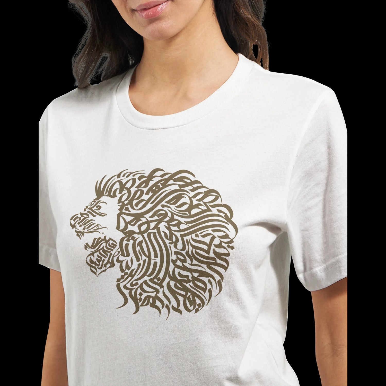 Premium white t-shirt with gold Arabic calligraphy for cultural fashion and high-end digital printing. Perfect for influencers, street style fans, and trendsetters looking for bold identity fashion.