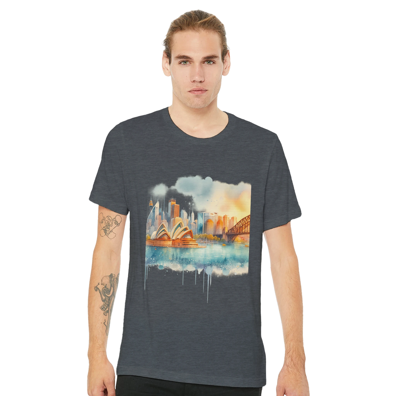 Sydney Australia cityscape t-shirt with bold cartoon-style artwork of the Opera House and Harbour Bridge. Perfect for world travelers, culture lovers, and streetwear collectors who value artistic tees and iconic architecture fashion.