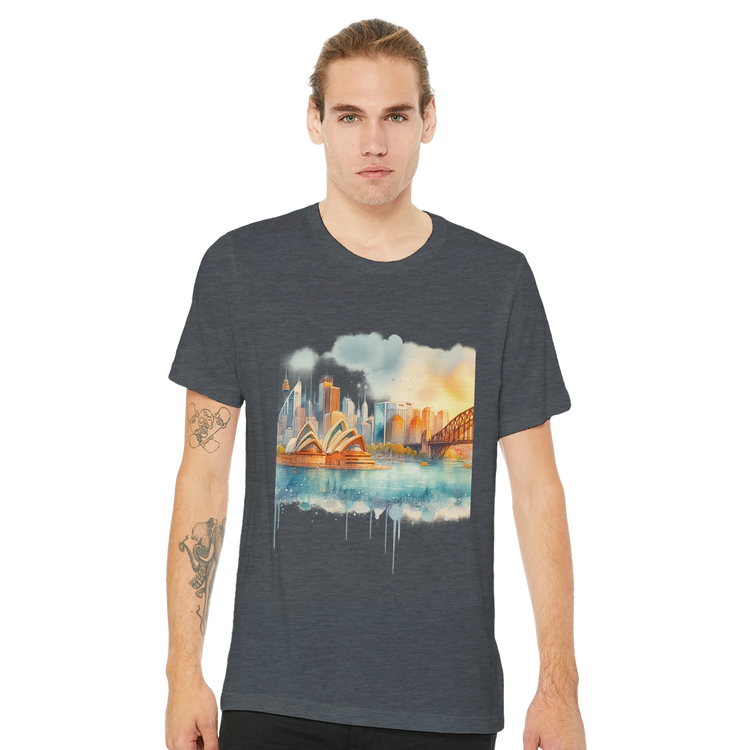 Sydney Australia cityscape t-shirt with bold cartoon-style artwork of the Opera House and Harbour Bridge. Perfect for world travelers, culture lovers, and streetwear collectors who value artistic tees and iconic architecture fashion.