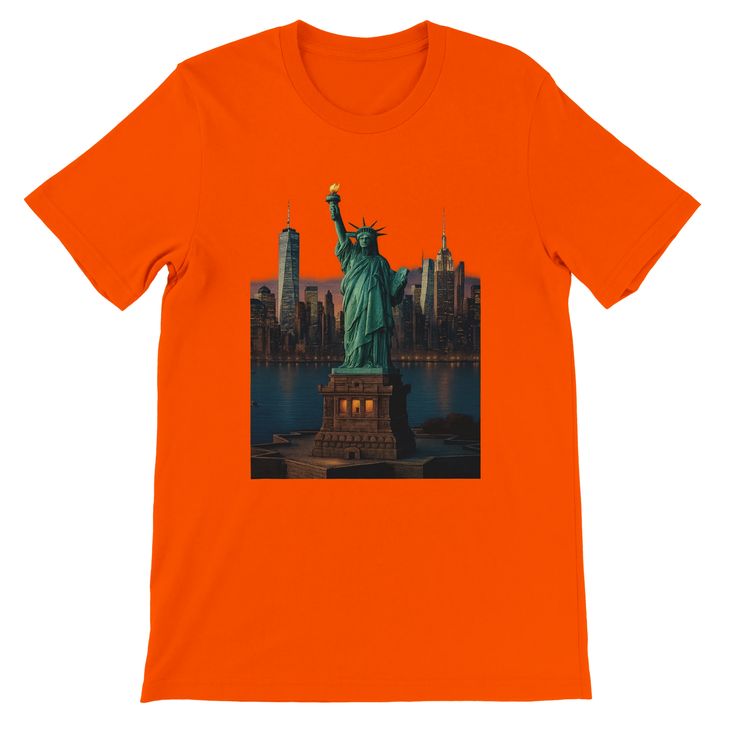Orange Statue of Liberty animated style graphic t-shirt inspired by New York City and American culture. High quality cotton tee for stylish streetwear travel fashion and urban lifestyle.