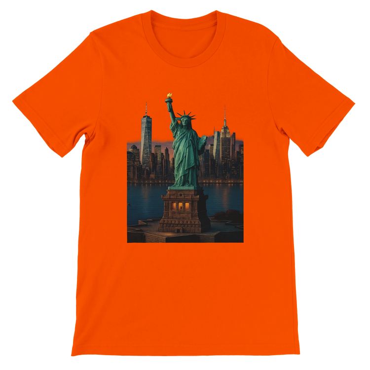 Orange Statue of Liberty animated style graphic t-shirt inspired by New York City and American culture. High quality cotton tee for stylish streetwear travel fashion and urban lifestyle.
