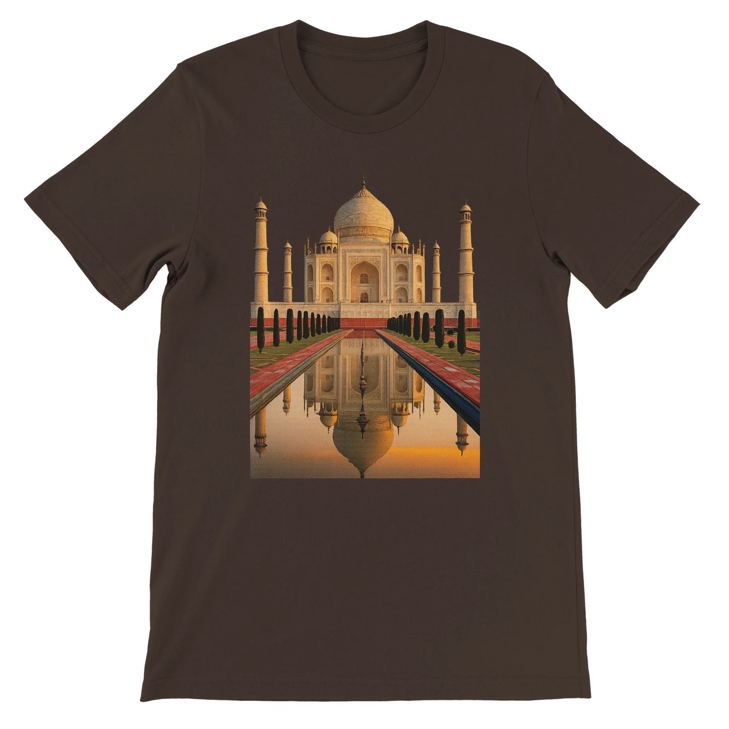 Brown animated landmark t-shirt featuring Taj Mahal in rich color. Durable cotton construction, DTG optimized for vivid prints. Stylish and meaningful streetwear piece for lovers of India and global destinations.