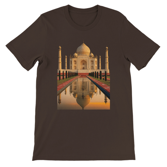 Brown animated landmark t-shirt featuring Taj Mahal in rich color. Durable cotton construction, DTG optimized for vivid prints. Stylish and meaningful streetwear piece for lovers of India and global destinations.