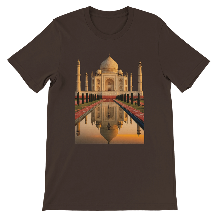 Brown animated landmark t-shirt featuring Taj Mahal in rich color. Durable cotton construction, DTG optimized for vivid prints. Stylish and meaningful streetwear piece for lovers of India and global destinations.