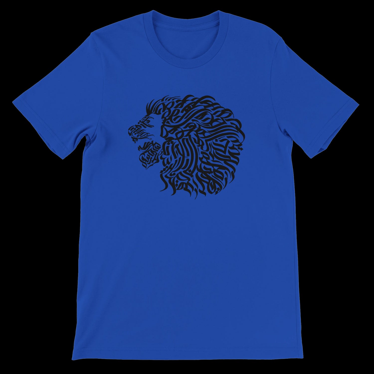 True royal blue calligraphy t-shirt with modern art-inspired design. Soft ring-spun cotton and DTG-friendly fabric make this a standout piece in cultural streetwear and print-on-demand fashion collections.