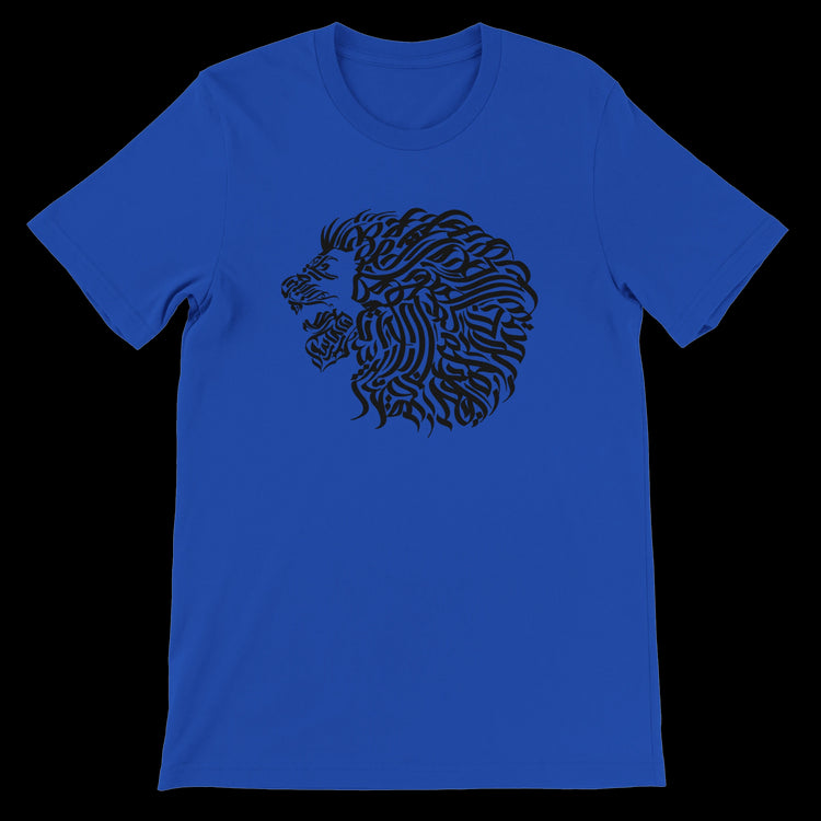 True royal blue calligraphy t-shirt with modern art-inspired design. Soft ring-spun cotton and DTG-friendly fabric make this a standout piece in cultural streetwear and print-on-demand fashion collections.
