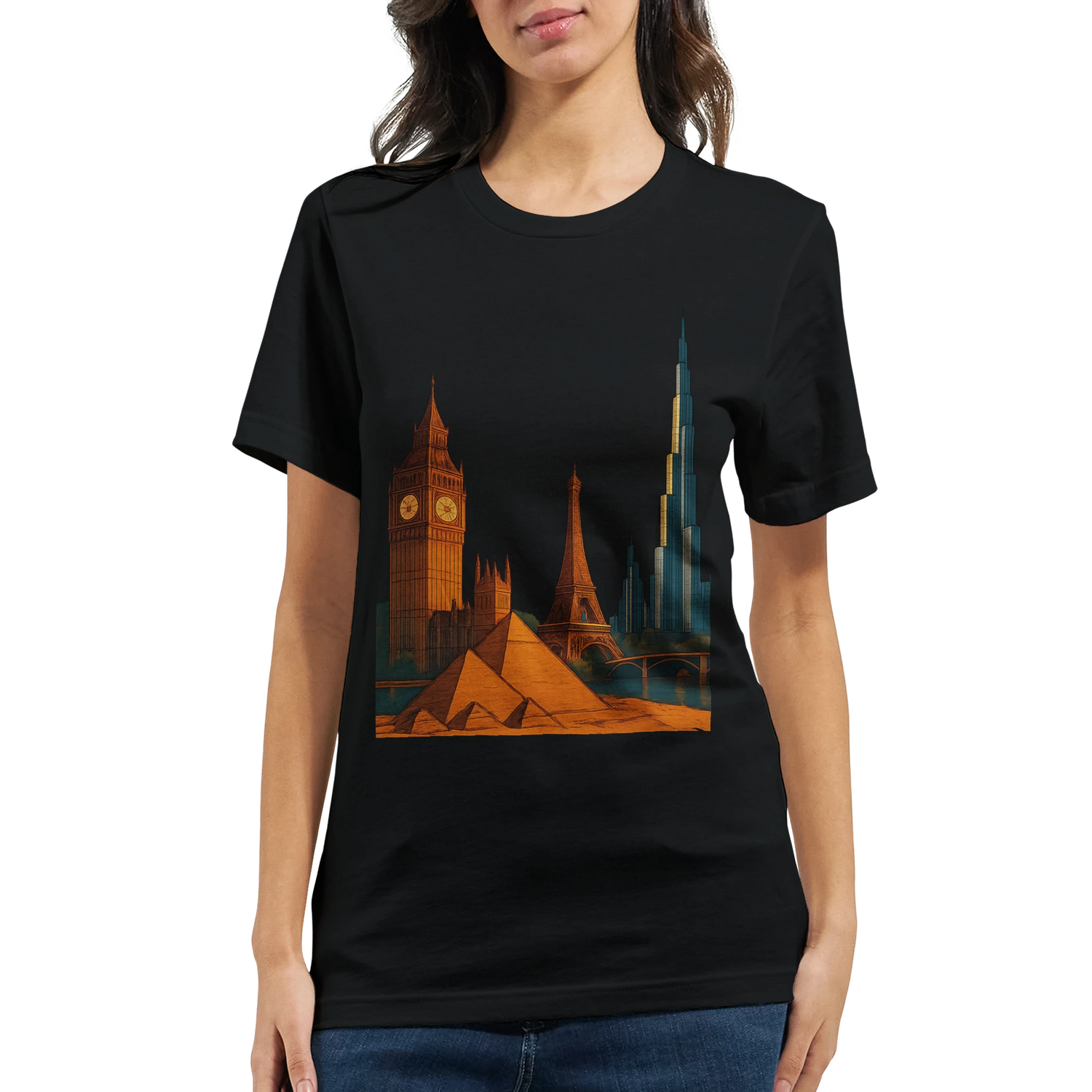 City Landmarks Animated T Shirt with detailed animated artwork of world famous landmarks like the Taj Mahal Eiffel Tower and Statue of Liberty. Stylish architecture inspired graphic tee for men and women made from eco friendly cotton with vibrant print quality.