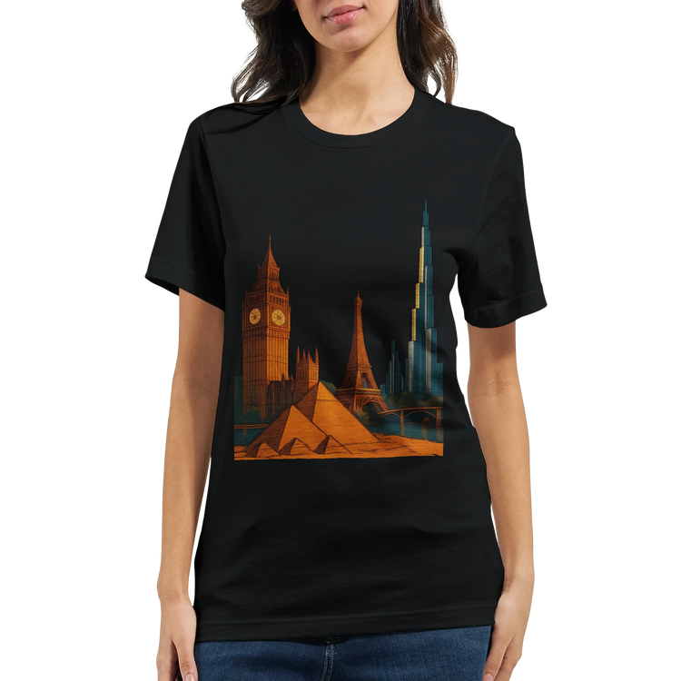 City Landmarks Animated T Shirt with detailed animated artwork of world famous landmarks like the Taj Mahal Eiffel Tower and Statue of Liberty. Stylish architecture inspired graphic tee for men and women made from eco friendly cotton with vibrant print quality.