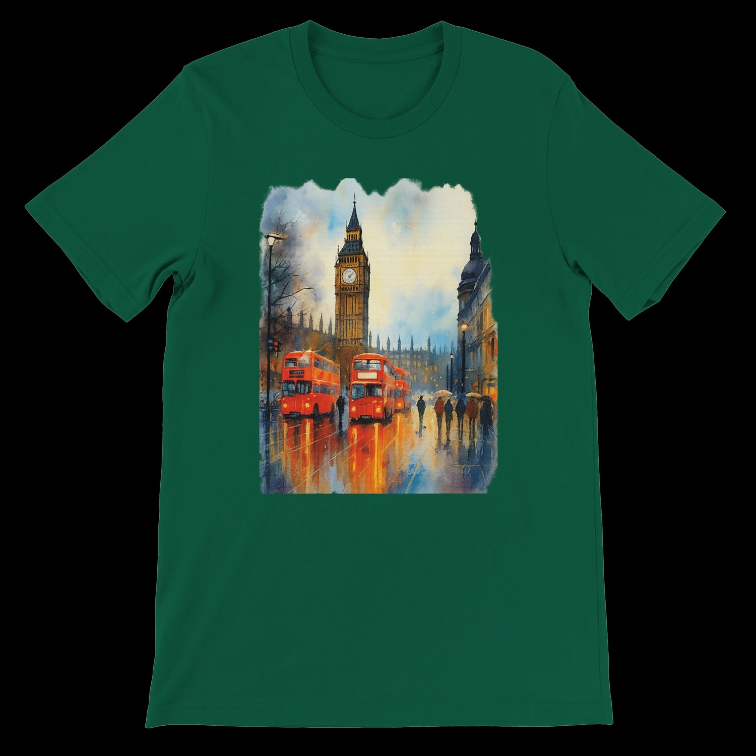Evergreen London tee featuring Big Ben and red buses for streetwear style.