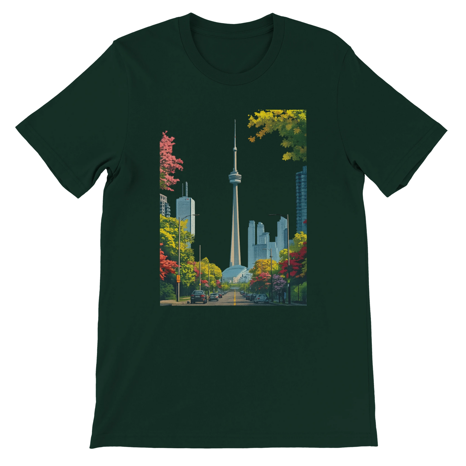 Forest green Toronto skyline shirt with animated CN Tower print on soft breathable cotton. Designed for global culture lovers and stylish urban wear. Premium DTG printed unisex tee with eco friendly cotton for lasting comfort.