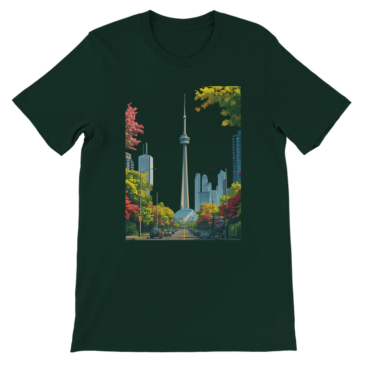 Forest green Toronto skyline shirt with animated CN Tower print on soft breathable cotton. Designed for global culture lovers and stylish urban wear. Premium DTG printed unisex tee with eco friendly cotton for lasting comfort.