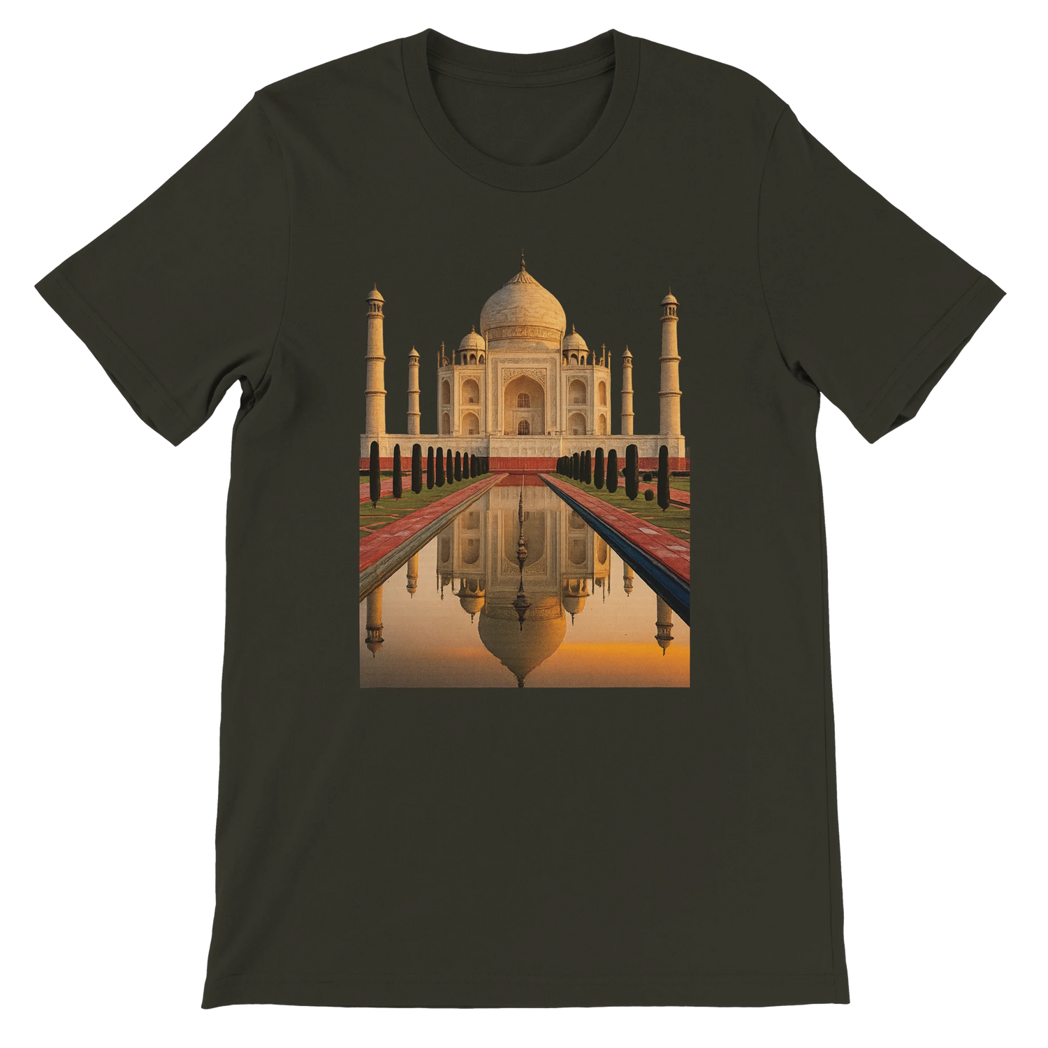 Dark olive tee featuring an animated version of the Taj Mahal, made with premium cotton. Ideal for DTG print-on-demand fashion and urban global wear. A unique blend of architecture, art, and sustainable street style.