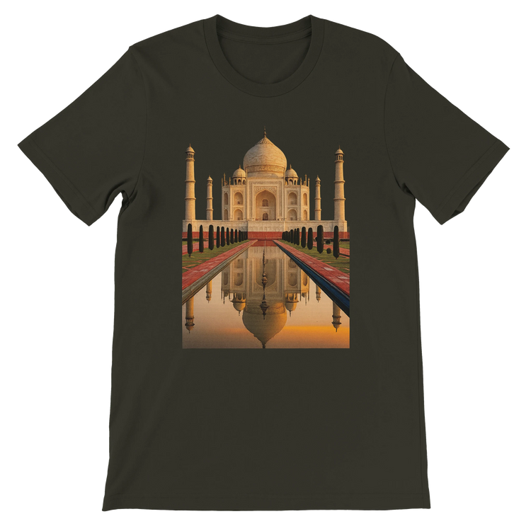 Dark olive tee featuring an animated version of the Taj Mahal, made with premium cotton. Ideal for DTG print-on-demand fashion and urban global wear. A unique blend of architecture, art, and sustainable street style.