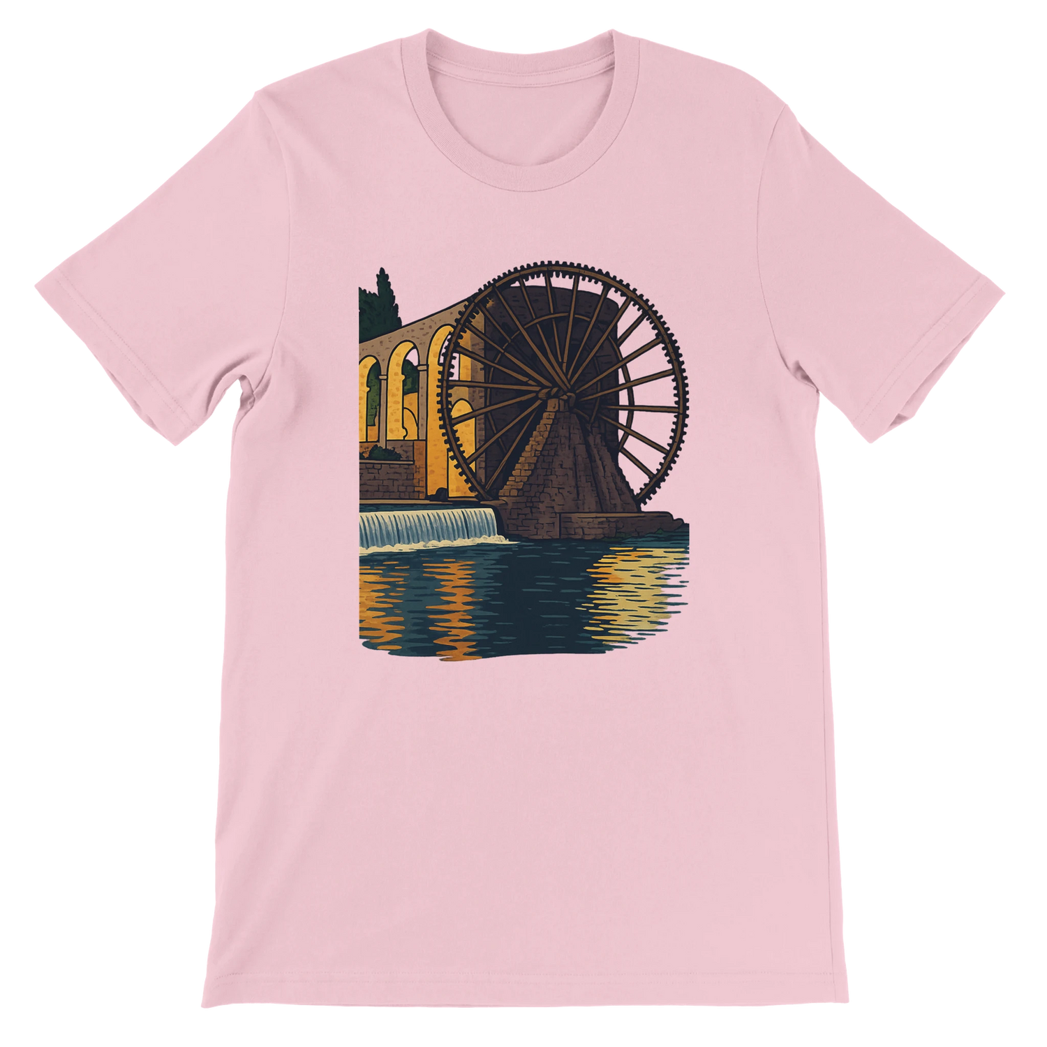 Pink animated landmark t-shirt showcasing the historic Hama WaterWheels of Syria in a modern illustrated design. Soft unisex cotton tee ideal for travelers, culture fans, and stylish casual wear. Designed for vibrant DTG printing and long-lasting comfort.