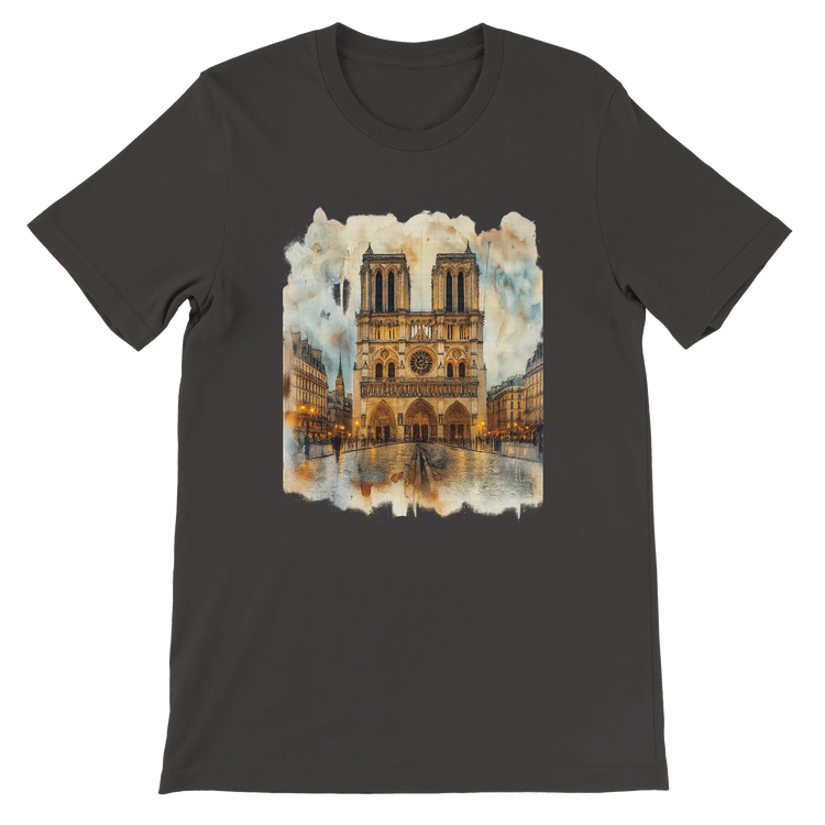 Vintage black Notre Dame Cathedral Paris graphic t shirt with animated landmark design for cultural fashion lovers. Soft breathable cotton tee for streetwear, travel enthusiasts, and everyday urban outfits.