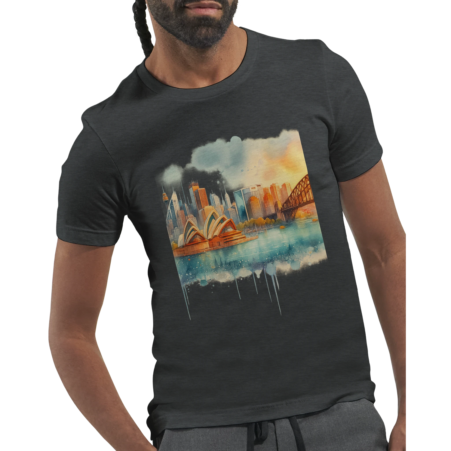Premium cotton Sydney Australia shirt with artistic skyline print, made for travel bloggers, digital creators, and fans of wanderlust-inspired fashion. High-resolution DTG print on eco-conscious material for daily wear.