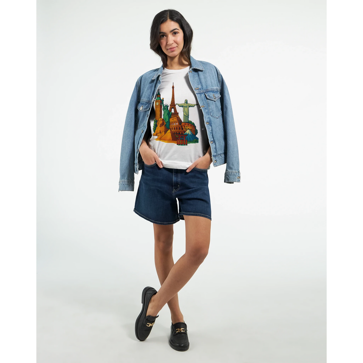 Travel inspired Famous Landmarks Animated Style T-Shirt with bold animated world city designs perfect for digital nomads and urban explorers made in sustainable soft cotton with a modern unisex cut for vacation fashion everyday travel outfits and stylish tourism merchandise