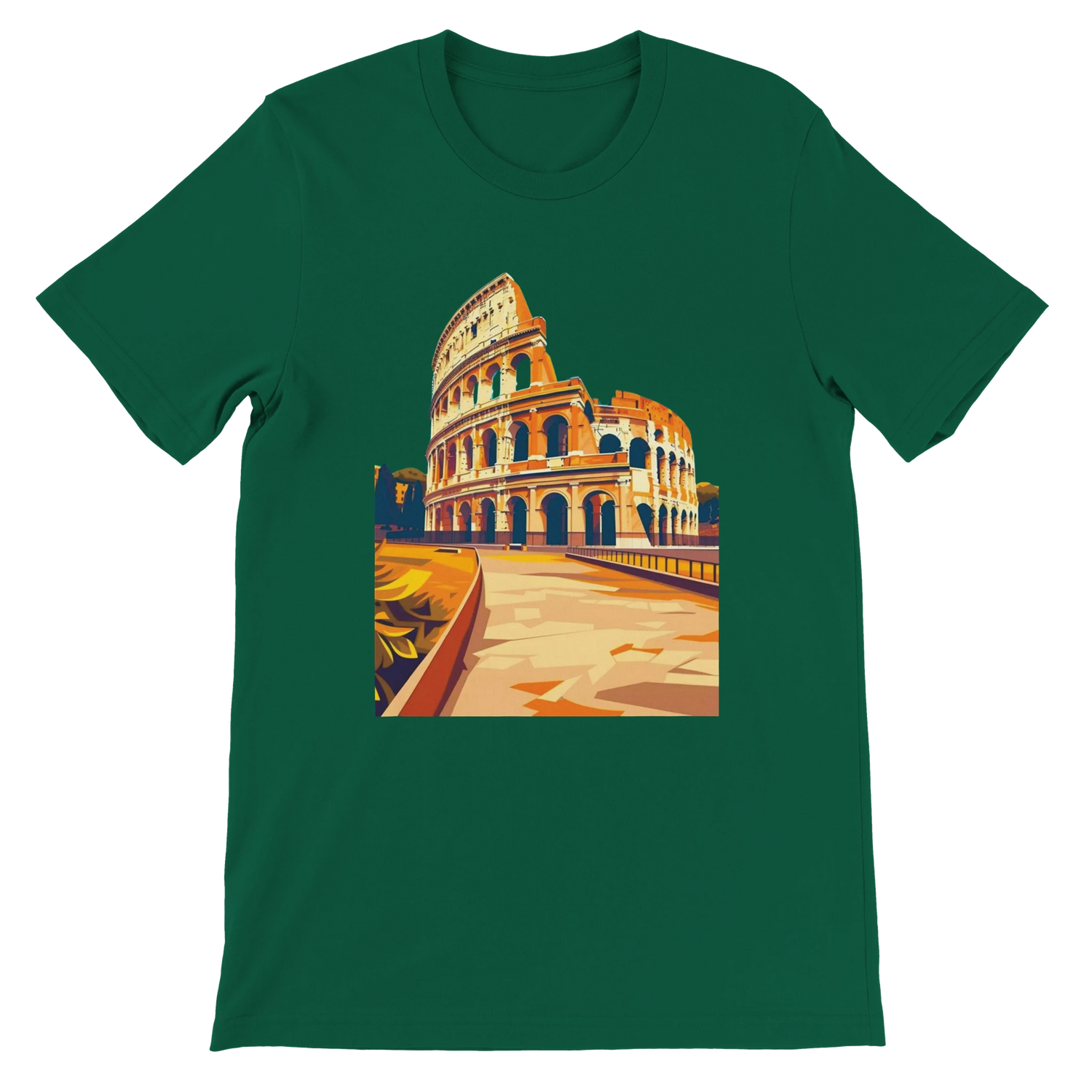 Evergreen Rome Colosseum animated style t-shirt with historical architecture artwork for travelers and Italian culture lovers. Soft cotton unisex streetwear shirt for global fashion, art lovers and print on demand clothing collectors.