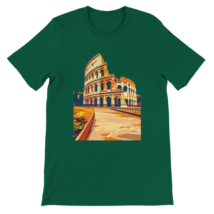 Evergreen Rome Colosseum animated style t-shirt with historical architecture artwork for travelers and Italian culture lovers. Soft cotton unisex streetwear shirt for global fashion, art lovers and print on demand clothing collectors.
