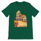 Evergreen Rome Colosseum animated style t-shirt with historical architecture artwork for travelers and Italian culture lovers. Soft cotton unisex streetwear shirt for global fashion, art lovers and print on demand clothing collectors.