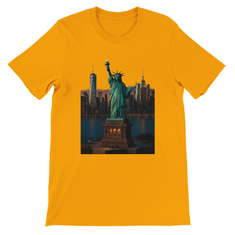 Gold Statue of Liberty animated landmark t-shirt with vibrant artistic design inspired by New York City. Soft breathable cotton tee perfect for streetwear patriotic fashion and global culture lovers.