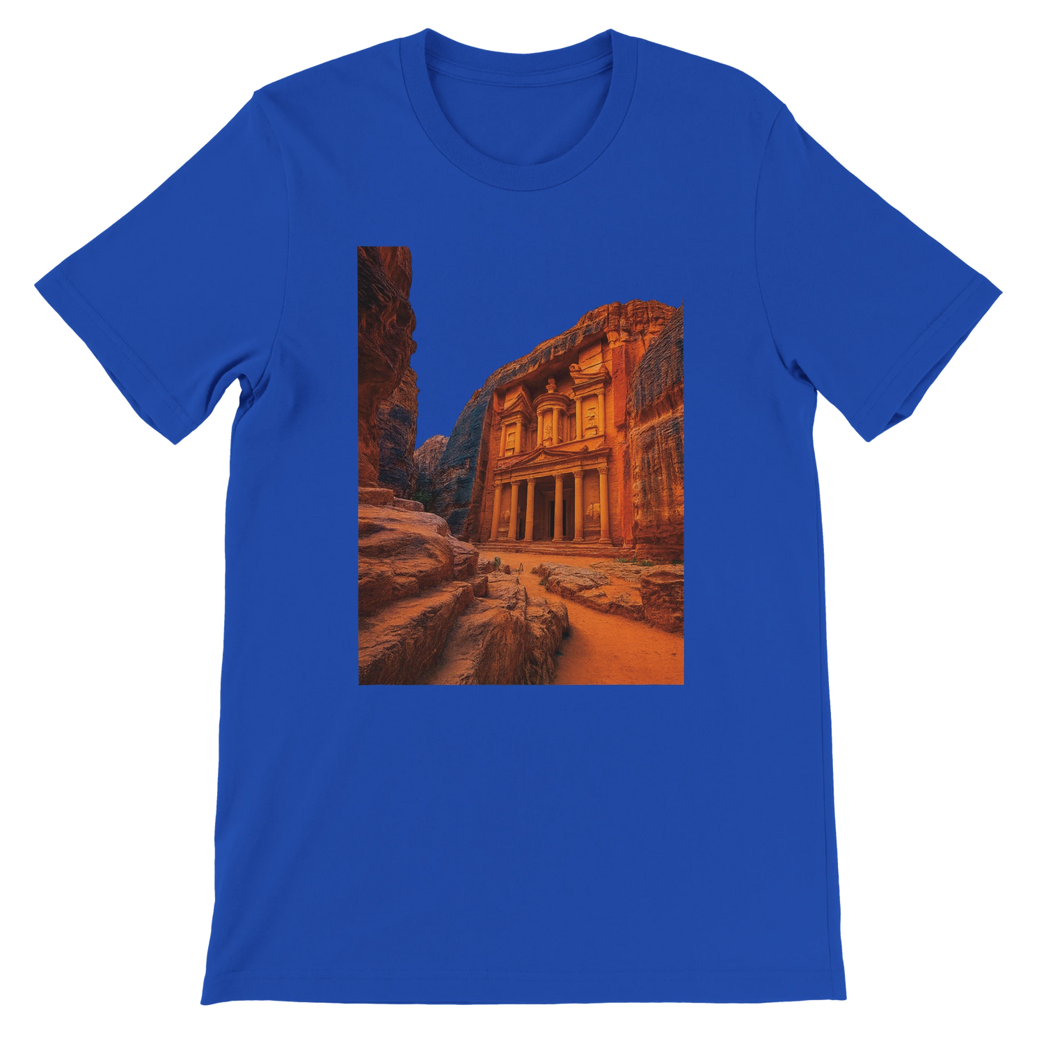 True royal Petra Jordan animated landmark t shirt with vibrant travel art premium cotton durable DTG print modern unisex streetwear style loved by adventure seekers and cultural heritage fashion fans
