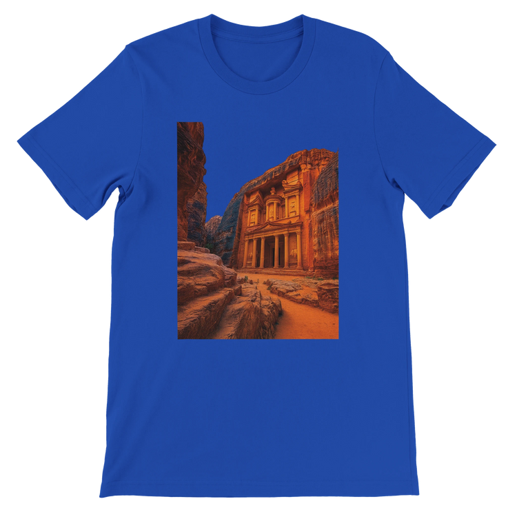 True royal Petra Jordan animated landmark t shirt with vibrant travel art premium cotton durable DTG print modern unisex streetwear style loved by adventure seekers and cultural heritage fashion fans