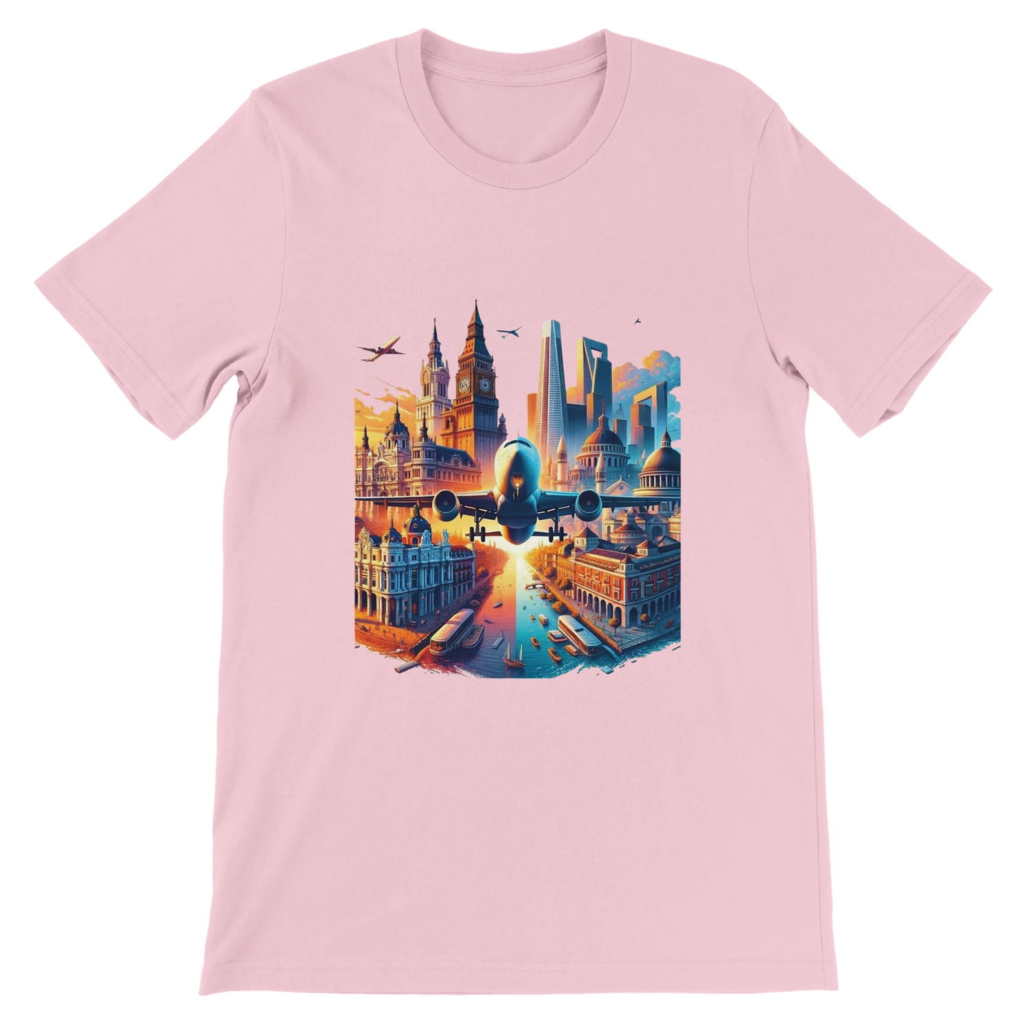 Pink short sleeve t-shirt with animated landmark art including famous city skylines Eiffel Tower and historical wonders. Stylish travel culture streetwear shirt made from soft premium cotton ideal for travelers and modern fashion lovers.