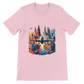 Pink short sleeve t-shirt with animated landmark art including famous city skylines Eiffel Tower and historical wonders. Stylish travel culture streetwear shirt made from soft premium cotton ideal for travelers and modern fashion lovers.