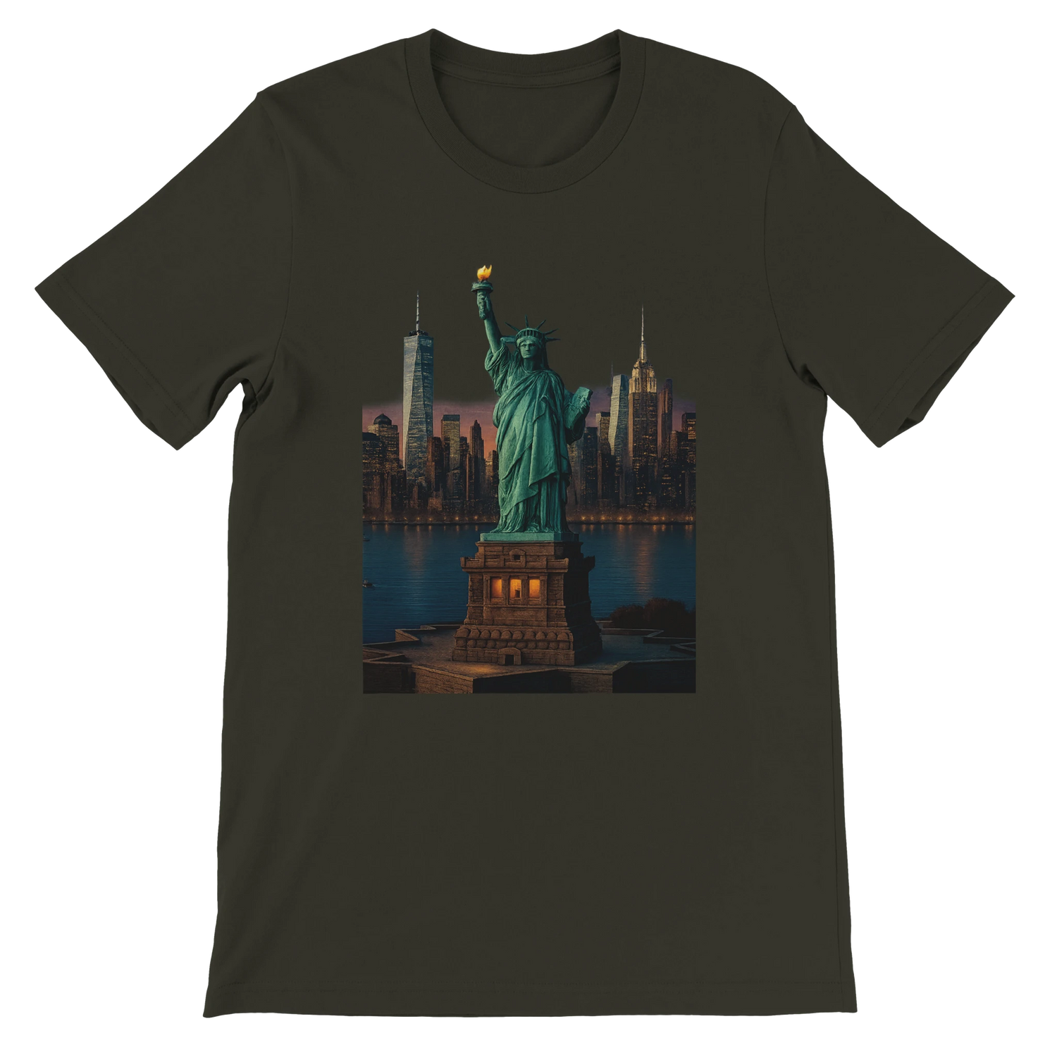 Dark olive Statue of Liberty animated style t-shirt with stylish landmark design inspired by New York City. Premium soft cotton shirt for travel lovers urban fashion and patriotic style.