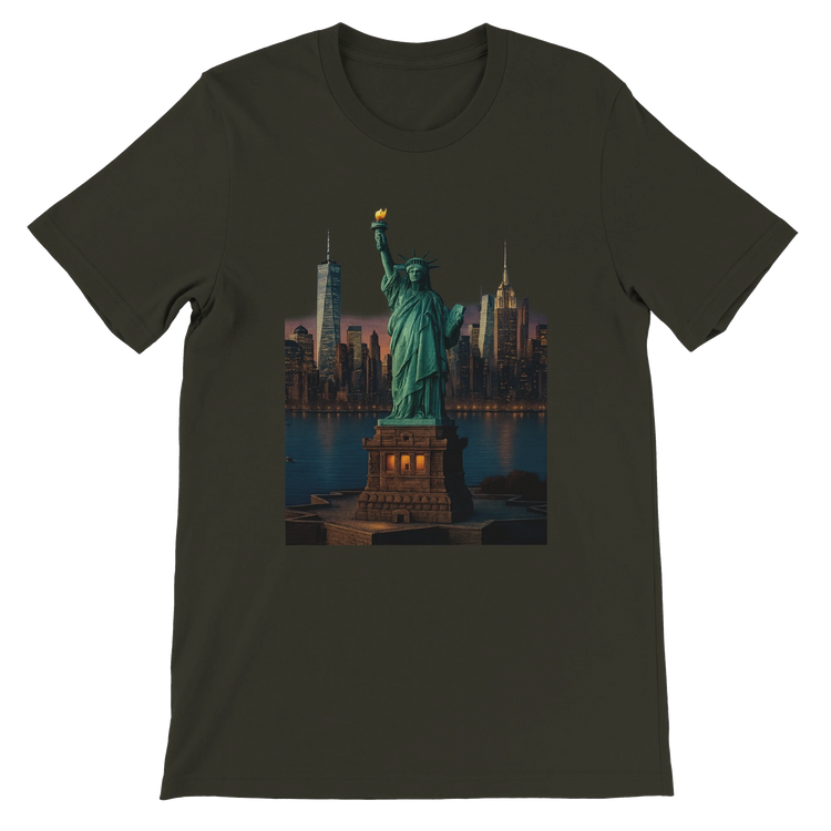 Dark olive Statue of Liberty animated style t-shirt with stylish landmark design inspired by New York City. Premium soft cotton shirt for travel lovers urban fashion and patriotic style.
