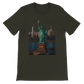 Dark olive Statue of Liberty animated style t-shirt with stylish landmark design inspired by New York City. Premium soft cotton shirt for travel lovers urban fashion and patriotic style.